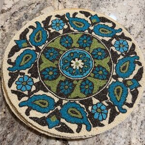 Hand Beaded MCM Vintage Round Placemats 15” Aqua Green Brown Flower Design Retro